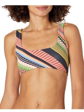 Maaji Coral Pink, Black, and Green Striped Swim Top fully reversible XL